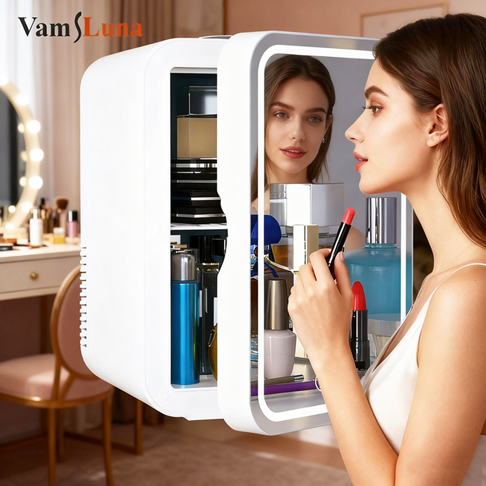 Skincare X Beauty - ตู้เย็นขนาดเล็ก 8 ลิตร สำหรับเครื่องสำอางและผลิตภัณฑ์บำรุงผิว พร้อมกระจกแต่งหน้า ตู้เย็นพกพาสำหรับเครื่องสำอาง