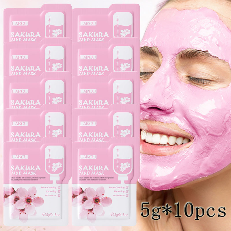 Mud Mask Kaolin - 10pcsLAIKOU SAKURA Mud Mask BAG, Hydrating,Anti-Wrinkle,brightening,ทําความสะอาดรูขุมขน,Skin